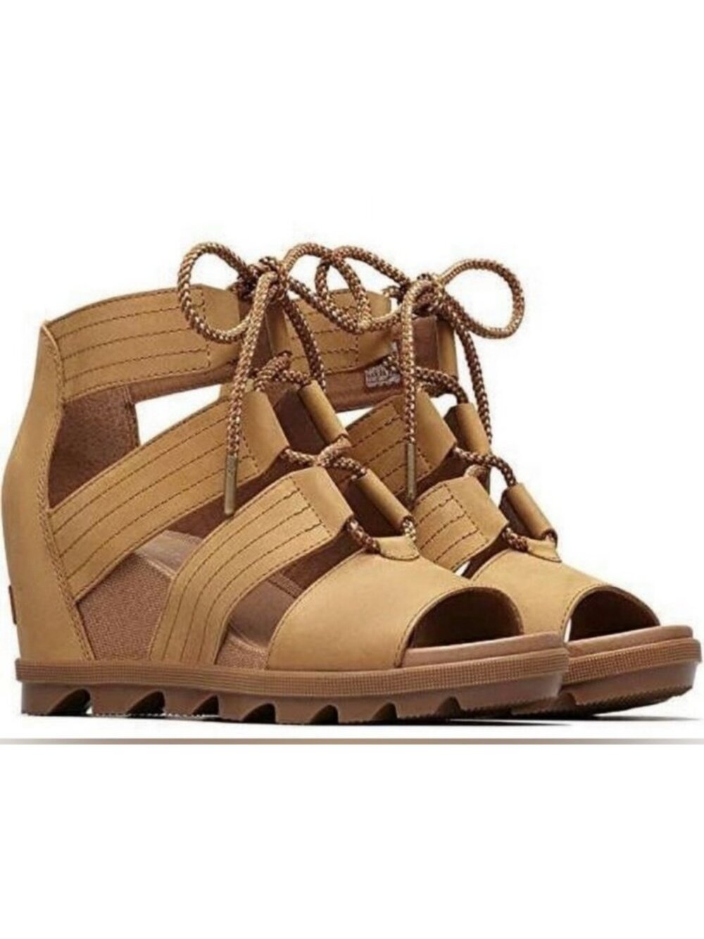 Sorel Joanie ll Leather Wedge Gladiator Lace Sandals Womens 9 Cognac